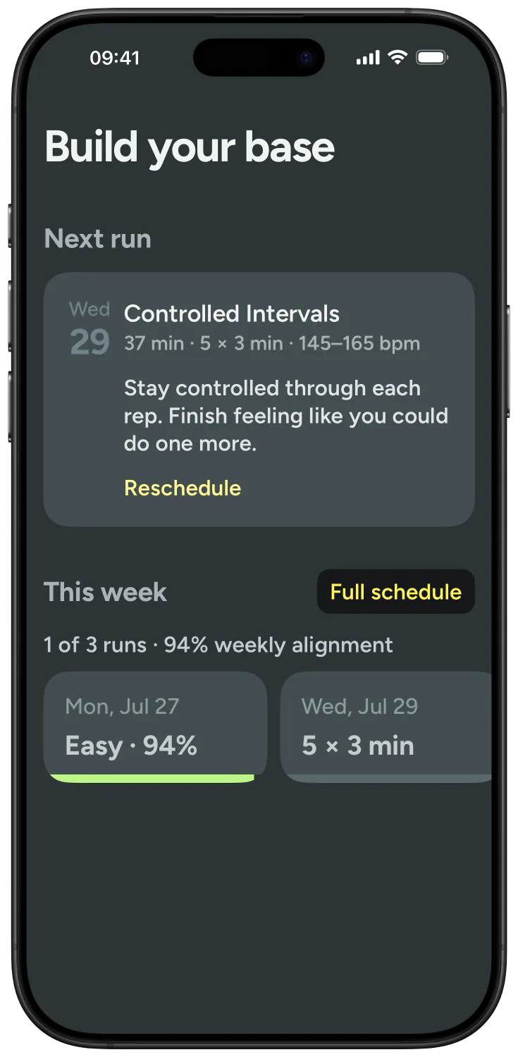Kiiro training plan on iPhone: the next run, Controlled Intervals with a heart-rate range, and this week so far