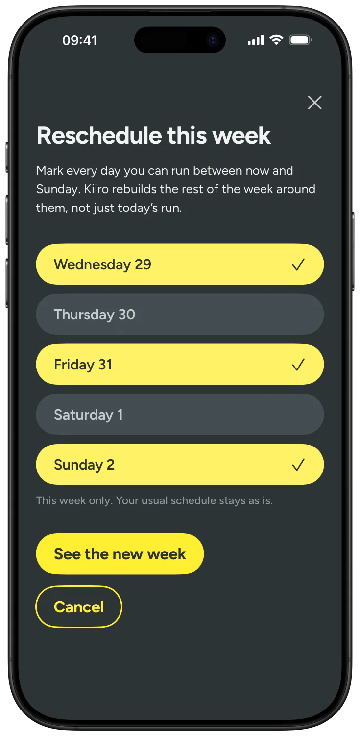 Rescheduling a week in Kiiro by marking the days you can run